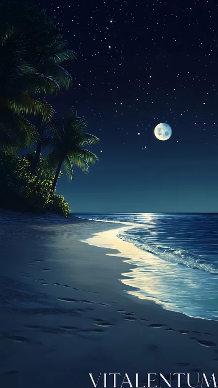 Moonlit tropical shoreline curves under clear starry sky