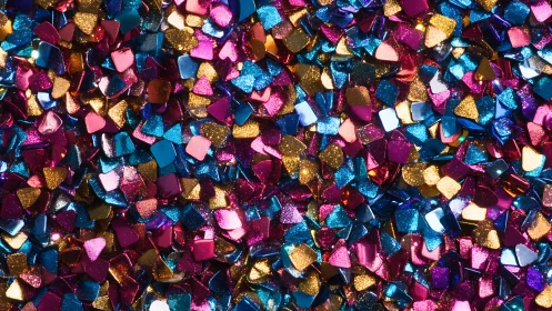 Macro view of multicolor metallic confetti hearts and tiles