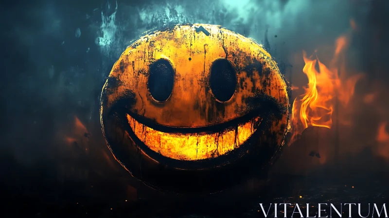 Burned grunge smiley face emblem in fiery dark setting.
