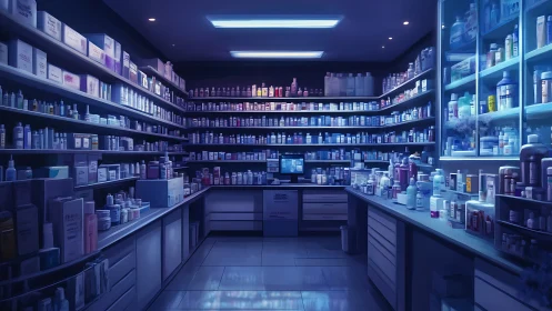 Organized pharmacy interior under cool blue lighting.