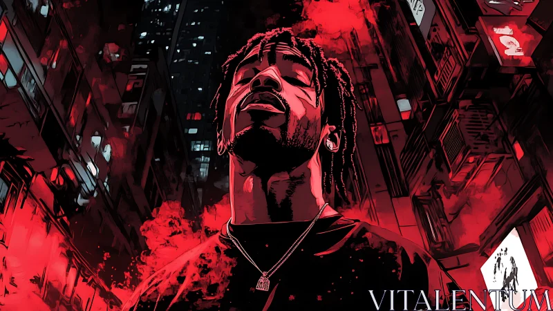 Urban figure in red and black stylized alleyway scene.