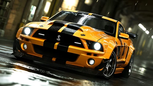 Wet street muscle car rendered with dynamic low-angle lighting