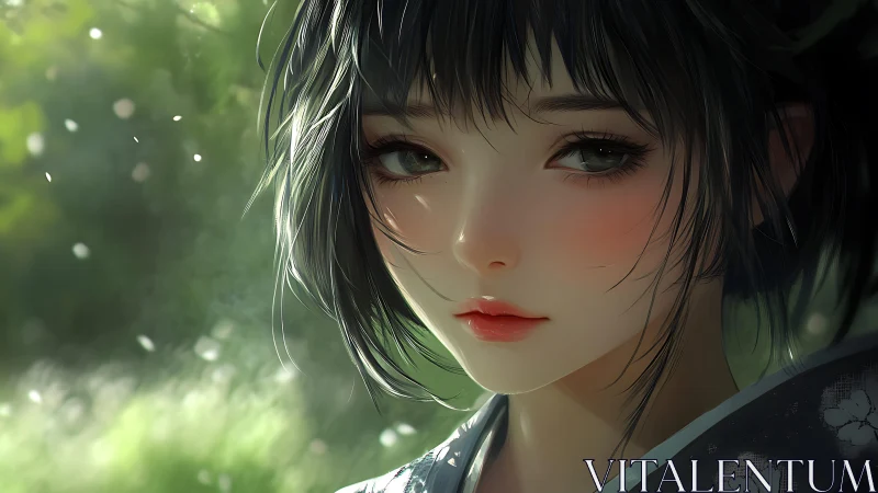 Anime portrait study with soft bokeh forest background lighting.