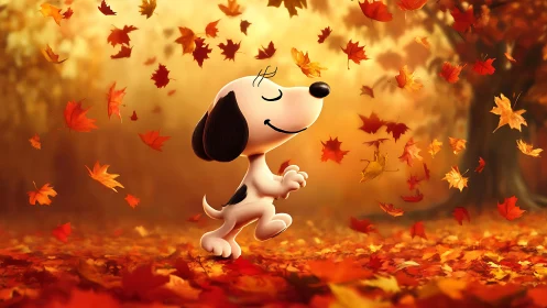 Cartoon beagle joyfully walks through swirling autumn leaves