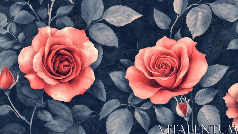 Bilateral symmetrical coral roses with layered petals against dark foliated background