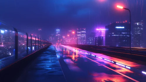 Rain-wet elevated roadway reflects neon city lighting at night