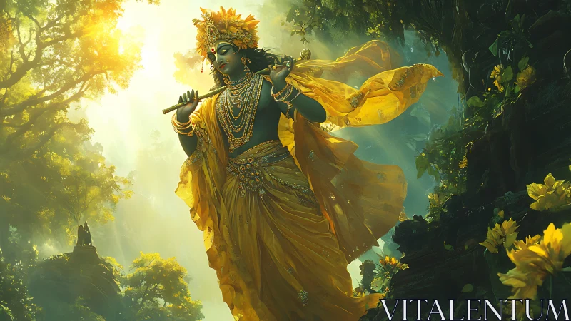 Celestial flute dancer pours sunlight into the forest air