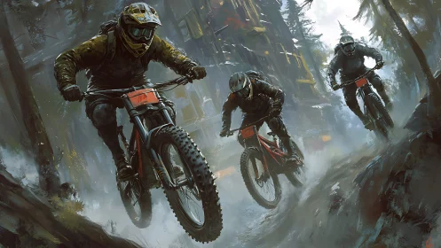 Three downhill cyclists on wet forest trail in motion.