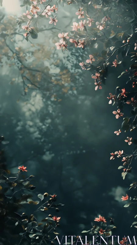 Ethereal flowering branches frame a misted forest void