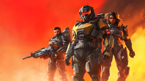 Tripartite exosuit assault squad in infernal kinetic backdrop.