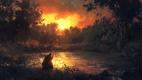 Bear silhouette watches blazing sunset over forest pond