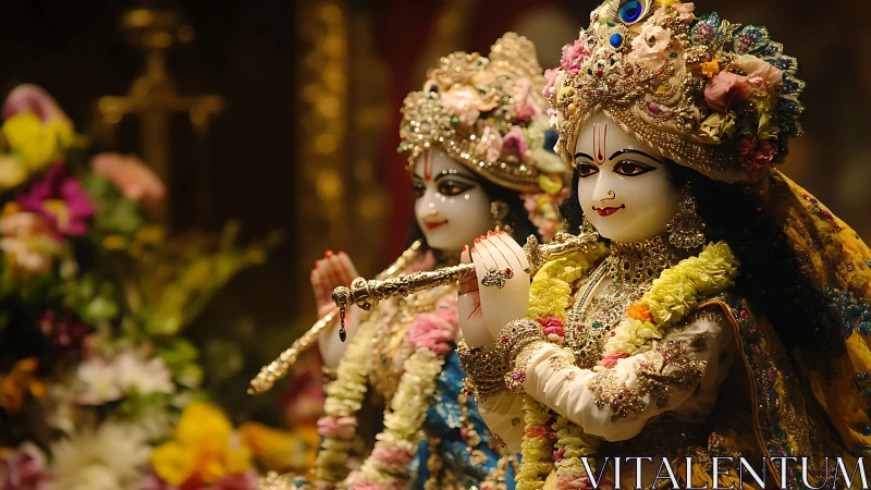 Photographic study of ornate devotional statues in floral garlands.