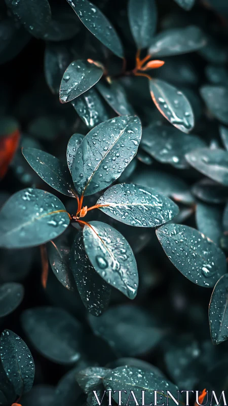 Moody teal foliage with raindrops and warm stem accents.