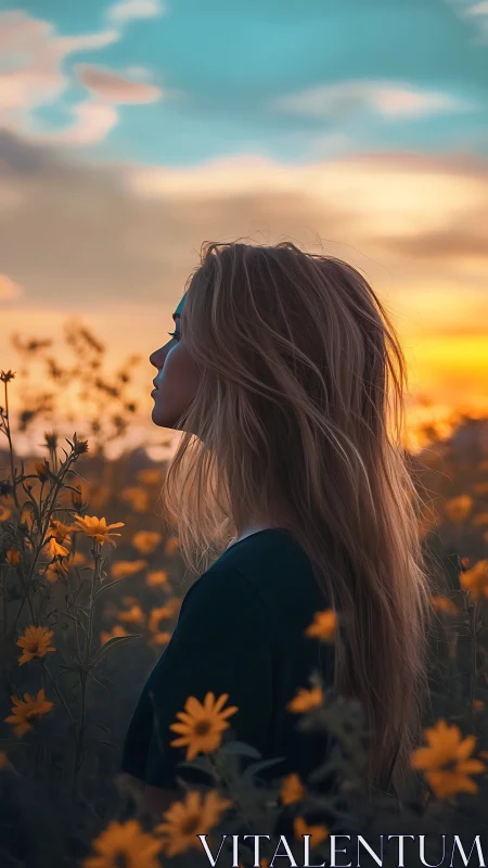 Sunlit profile in wildflower field at glowing sunset.