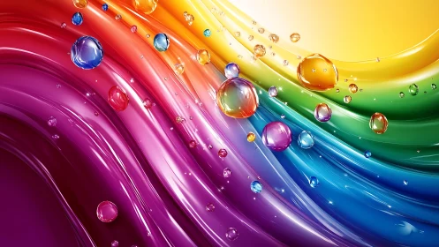 Glossy rainbow waves with floating translucent droplets.