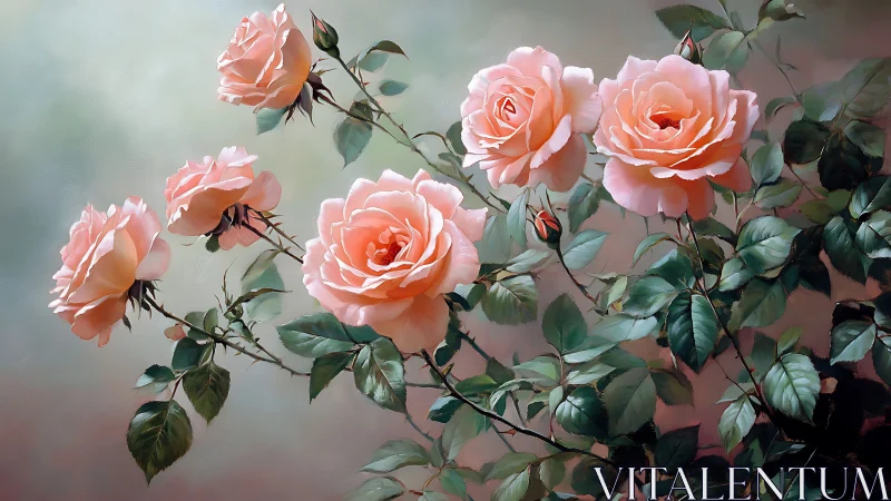 Coral-hued roses rendered with classical botanical precision and luminous depth.