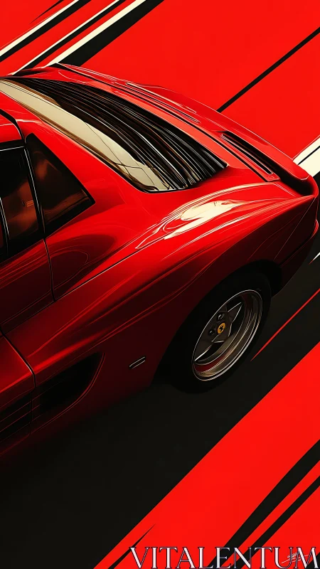 Angled rear-quarter study of red sports car on graphic stripes