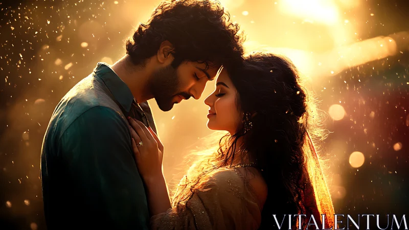 Intimate couple portrait with cinematic golden hour backlighting and particle effects