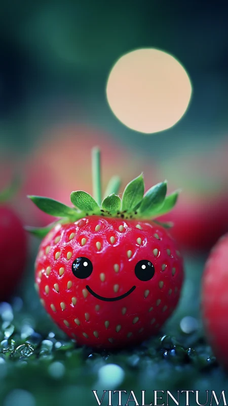 Cheerful smiling strawberry glows softly in dreamy light
