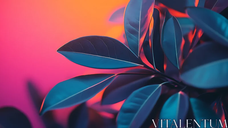 Blue-toned foliage against gradient orange pink backdrop.