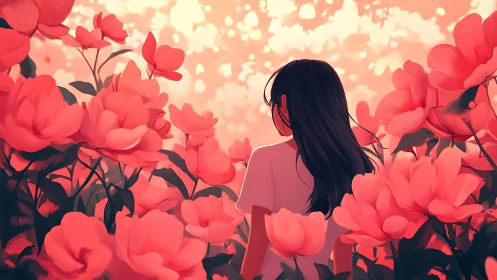 Girl stands in glowing coral garden of oversized flowers.