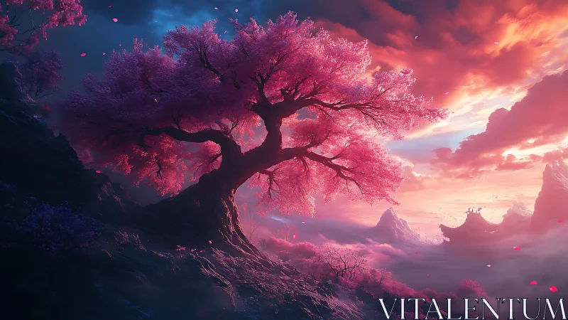 Pink blossoming tree on rocky slope at vivid sunset sky.