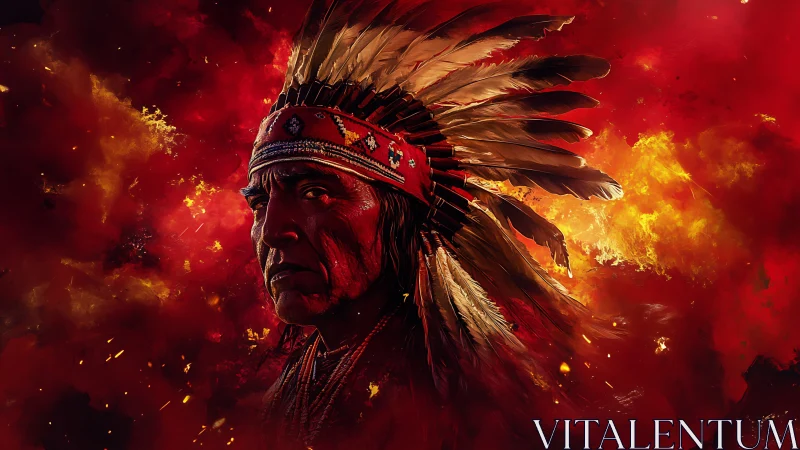 Elderly Native leader in feathered headdress against inferno backdrop