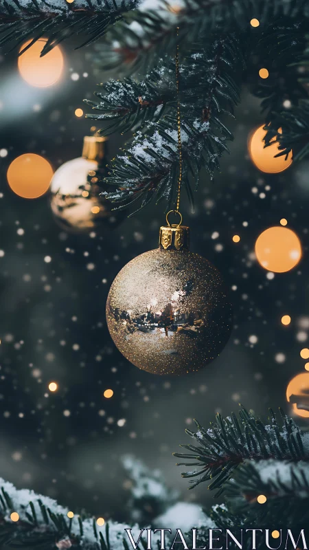 Golden ornament dreams amid softly falling winter snow.