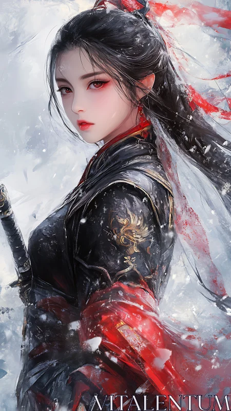 Snowbound warrior gazes softly while crimson robes swirl