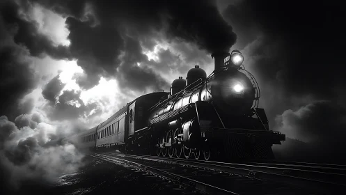 Steam locomotive advances through dense night fog on tracks