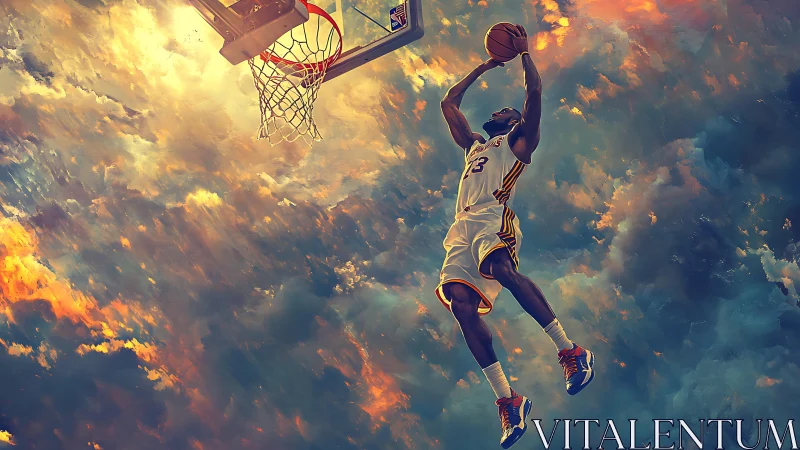 Digital painting of airborne basketball dunk amid glowing clouds.
