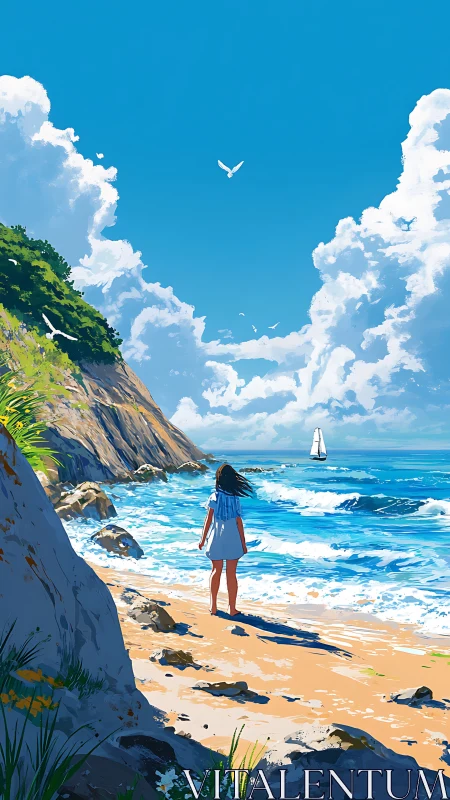Girl in a blue dress greeting a bright summer shoreline.
