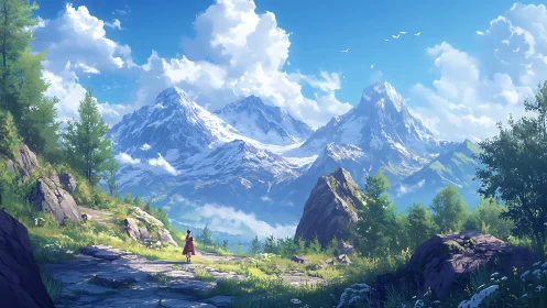 Lone wanderer greeting sunlit snowpeaks and cloud kingdoms.