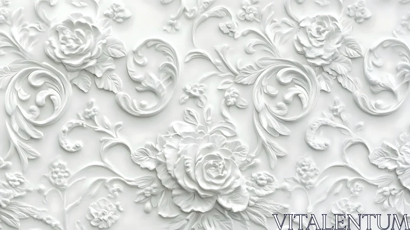 Ornate white floral bas relief with sculpted baroque curves.