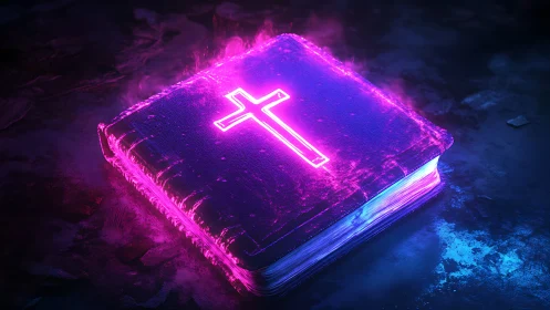 Neon cross Bible in luminescent cyberpunk glow composition.