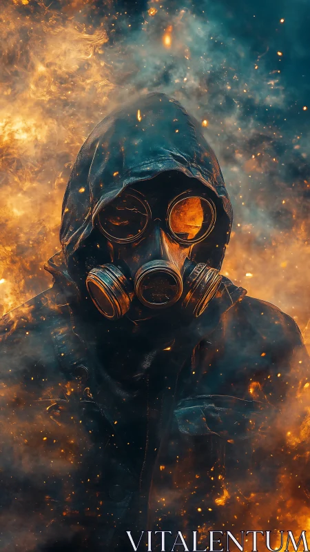 Hooded survivor in glowing firestorm haze stands resilient.