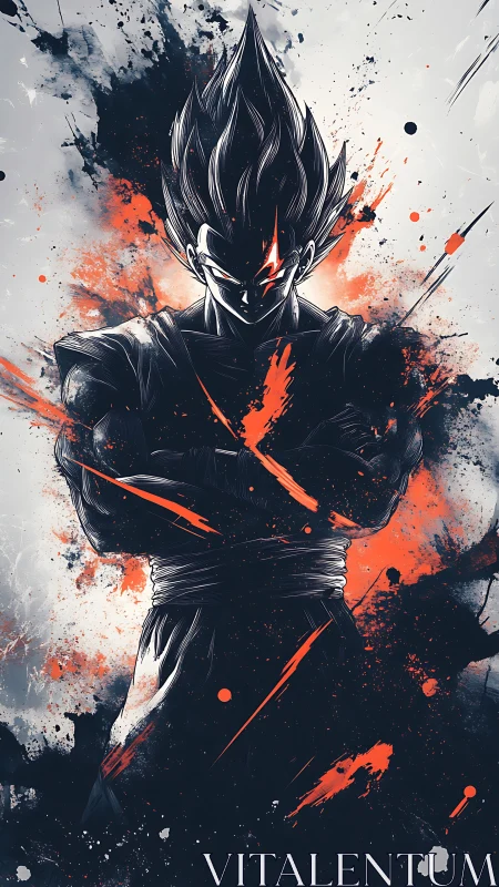 Energetic ink-splatter anime warrior in dynamic silhouette.