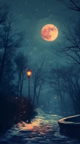 Blood moon glows above snowy lamplit winter pathway.