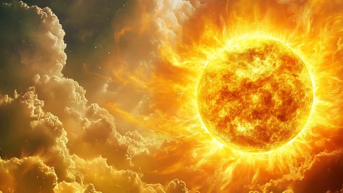 Intense digital sun with bright flares against dense clouds.