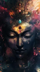 Stylized carved face with vertically aligned gemstones is shown