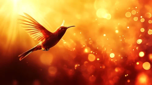 Radiant hummingbird in golden sunlight, dreamy bokeh background.