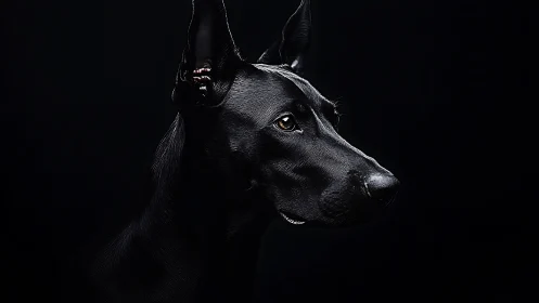 Low-key portrait of sleek black dog with dramatic rim lighting