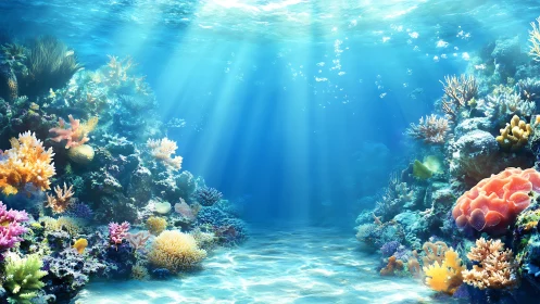 Sunlit coral reef valley displays vibrant underwater ecosystem