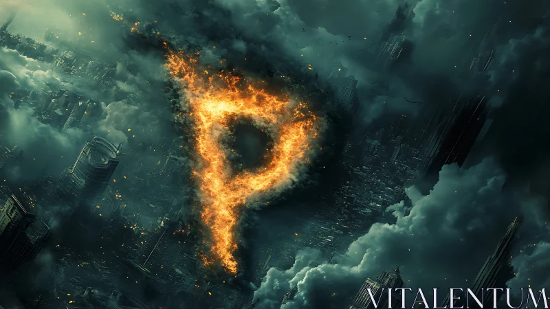 Fiery glyph over collapsing dystopian megacity environment.