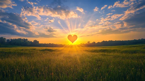 Heart shaped sun glows above grassy field at sunrise
