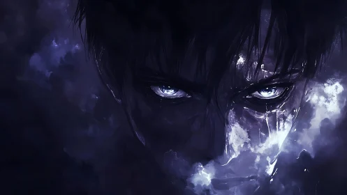 Storm-lit eyes emerge from shadowed darkness in intensity.