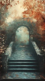 Stone stairway leads to misty archway in autumn forest