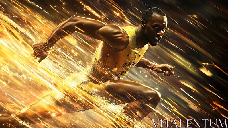 Sprinter bursts through golden energy trails at speed