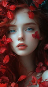 Cyan-eyed portrait framed by vivid crimson botanical leaves.