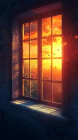 Sunlit rustic window frames a glowing cinematic sunset sky